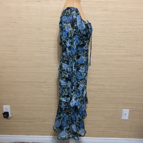 WAYF Floral Blue Cinched Hi-Low Fitted Sheer Puff Long Sleeve Dress size Medium - Picture 9 of 13